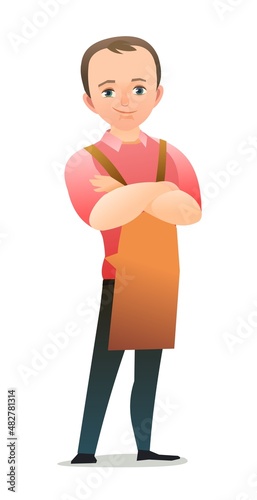 Little boy craftsman or artist. Teen in apron. Master in workwear. Cheerful person. Standing pose. Cartoon comic style flat design. Single character. Illustration isolated on white background. Vector