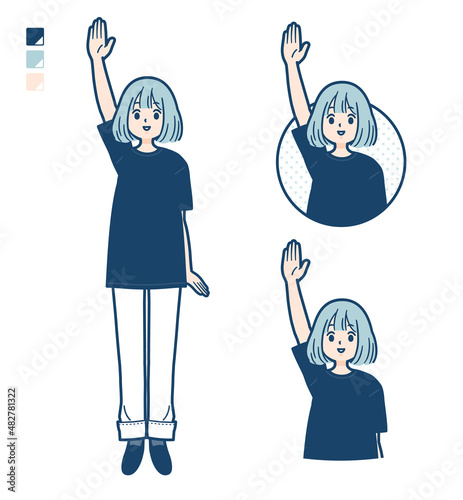 ビッグサイズTシャツを着た女性が手を挙げているイラスト