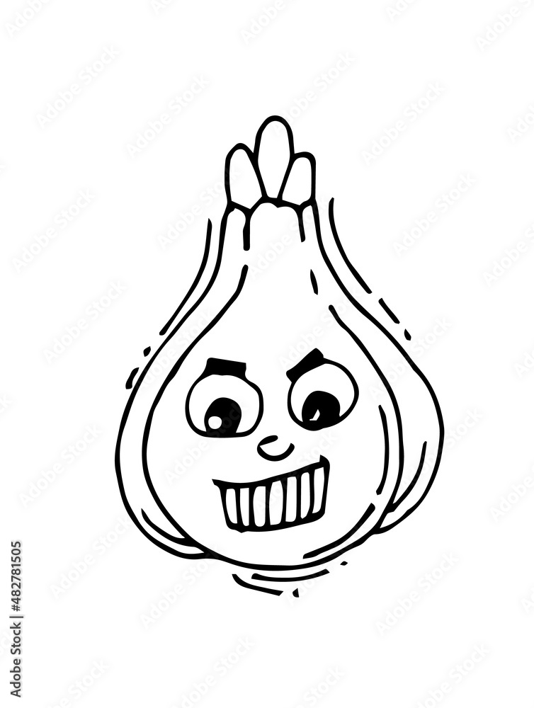 Onion laughs. Funny Face. Cheerful drawing of fruit. Hand drawing outline. Sketch Isolated on white background. Vector Onion laughs. Funny Face. Cheerful drawing of fruit. Hand drawing outline. Sketch Isolated on white background. Vector