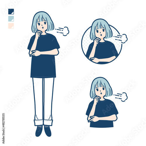 ビッグサイズTシャツを着た女性がため息をついているイラスト