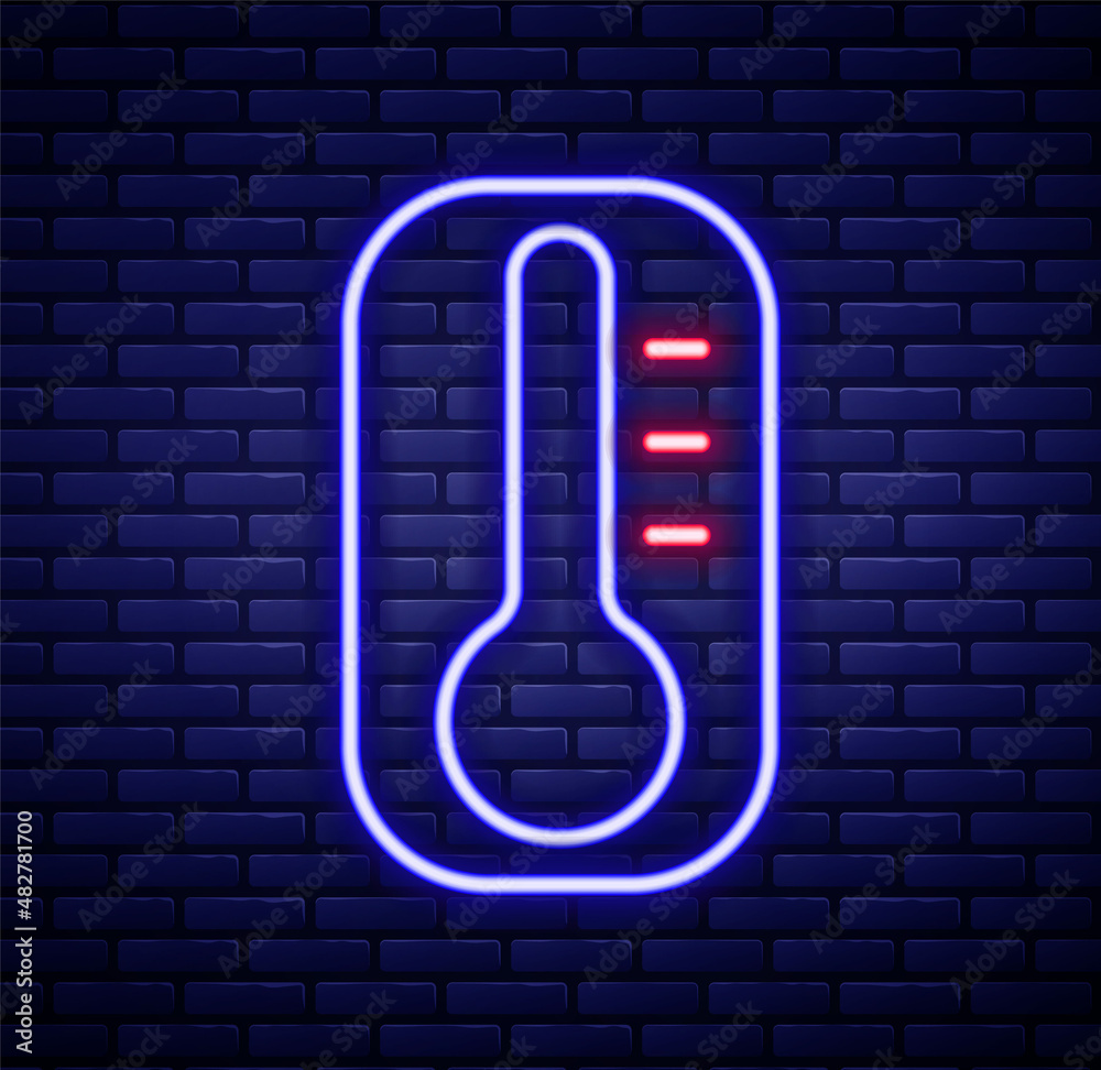 Glowing neon line Meteorology thermometer measuring heat and cold icon isolated on brick wall background. Thermometer equipment showing hot or cold weather. Colorful outline concept. Vector Glowing neon line Meteorology thermometer measuring heat and cold icon isolated on brick wall background. Thermometer equipment showing hot or cold weather. Colorful outline concept. Vector