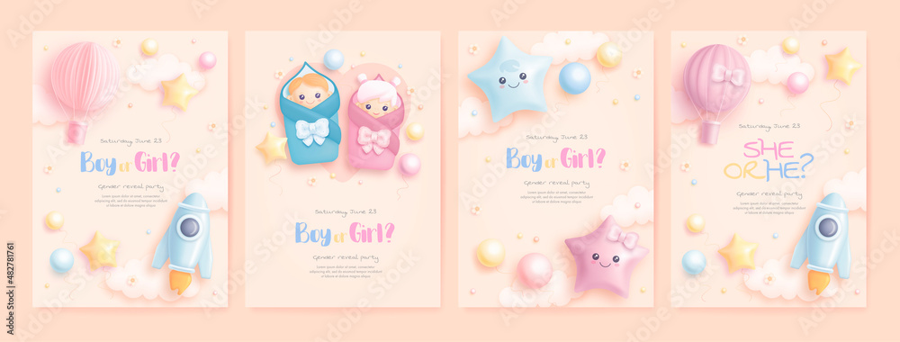 He or she. Boy or Girl. Set of cartoon gender reveal invitation template. Vertical banner with realistic toys and helium balloons. Vector illustration