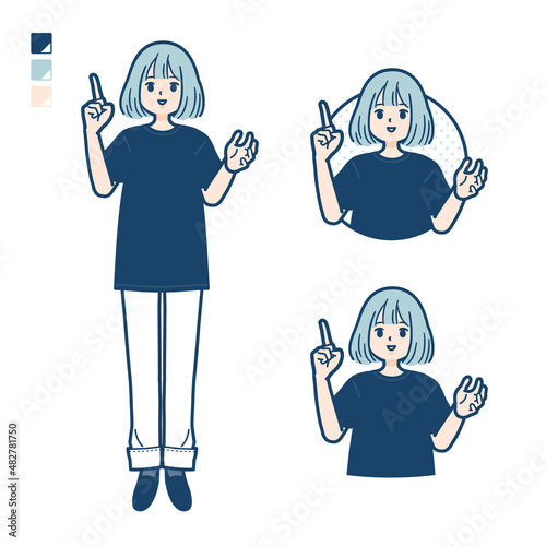 ビッグサイズTシャツを着た女性が話しているイラスト