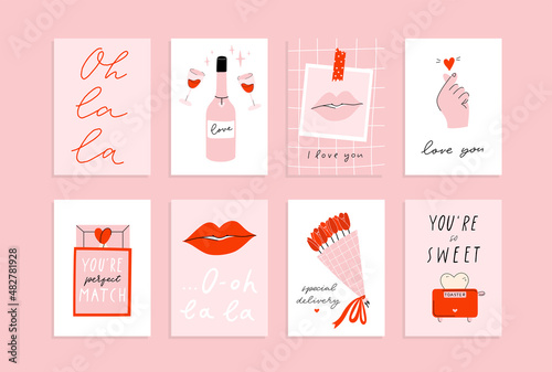 8 Stylish Valentine's day greeting card, poster illustration collection in pink and red colors. Fun and cool design A4, A5 template. Hand drawn doodle cartoon style concept in vertical orientation.