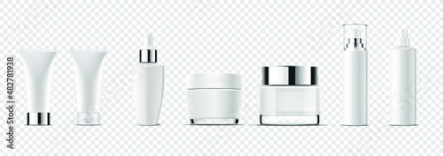 White clean bottle on podium and tropical plants in front, for cosmetic ad.