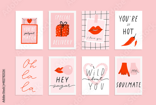 8 Stylish Valentine's day greeting card, poster illustration collection in pink and red colors. Fun and cool design A4, A5 template. Hand drawn doodle cartoon style concept in vertical orientation.