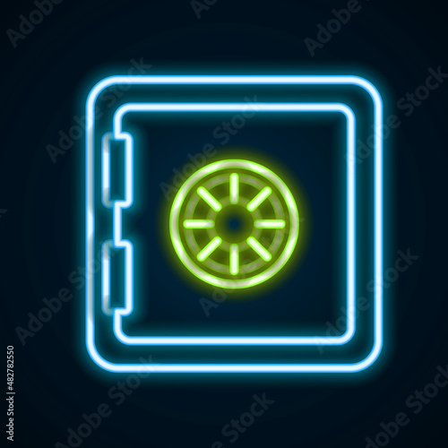 Glowing neon line Safe icon isolated on black background. The door safe a bank vault with a combination lock. Reliable Data Protection. Colorful outline concept. Vector