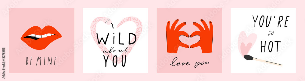Obraz premium 4 Stylish Valentine's day greeting card, poster illustration collection in pink and red colors. Fun and cool square greeting card design. Hand drawn doodle cartoon style concept.