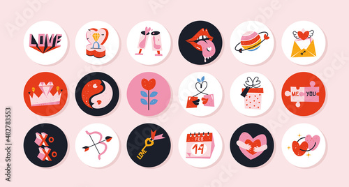 Set of cute vector love round stickers for daily planner and diary.Collection of scrapbooking design elements for valentines day. Romantic doodle vector icons pack for decorating gift presents