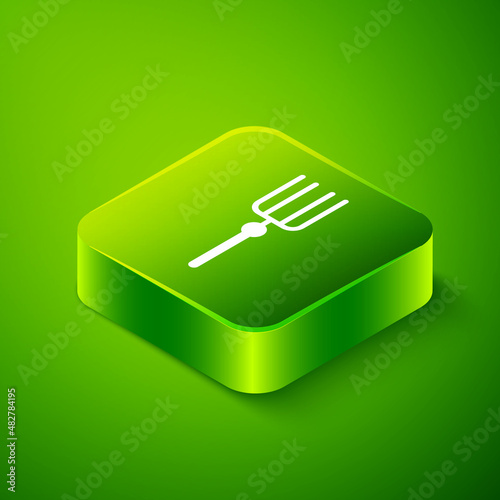 Isometric Garden pitchfork icon isolated on green background. Garden fork sign. Tool for horticulture, agriculture, farming. Green square button. Vector