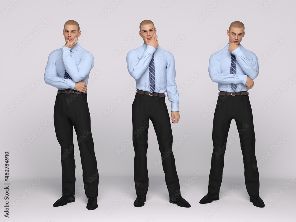 3D Rendering : A male model is standing and wearing the modern style outfit, shirt, trousers and tie with 3 different body action, thinking acting 3D Rendering : A male model is standing and wearing the modern style outfit, shirt, trousers and tie with 3 different body action, thinking acting