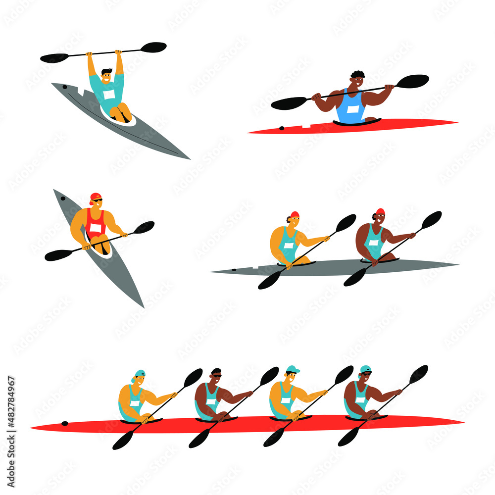 Canoe sprint set. Racing kayak paddlers on one person kayak K1, double person kayak K2 and four person kayak 4K.