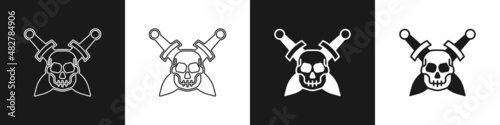 Set Crossed medieval sword with skull icon isolated on black and white background. Medieval weapon. Vector