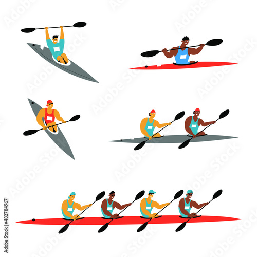 Canoe sprint set. Racing kayak paddlers on one person kayak K1, double person kayak K2 and four person kayak 4K. photo