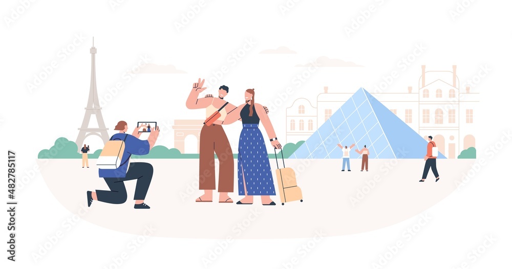 Tourists taking photo with landmarks during holiday travel. Women friends visiting Paris. People in France tour. Girlfriends in French trip. Flat vector illustration isolated on white background