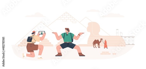 Tourists taking photo with pyramids during travel to Egypt. Couple visiting landmarks on holiday tour. People going sightseeing on summer trip. Flat vector illustration isolated on white background