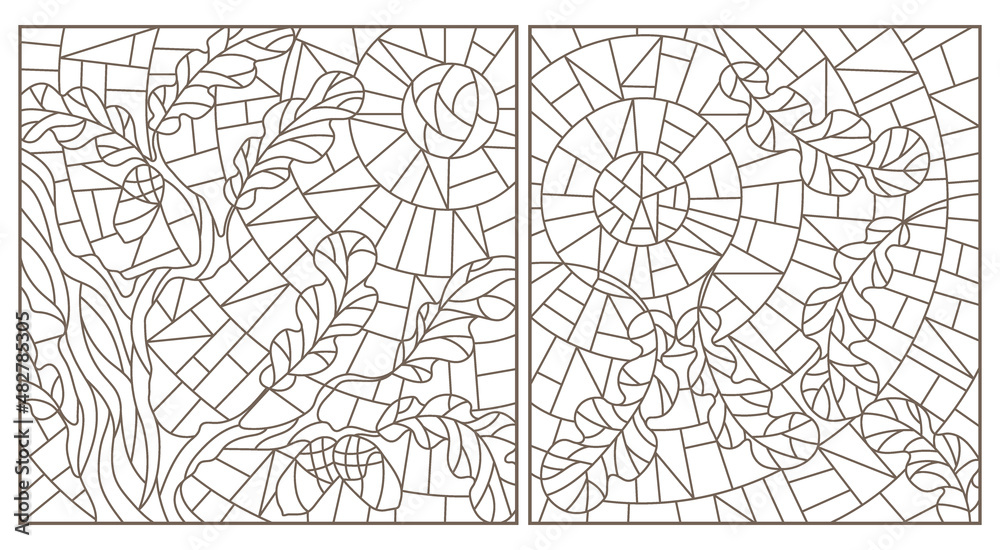 A set of contour illustrations in the style of stained glass with oak leaves on a sky background, dark contours on a white background