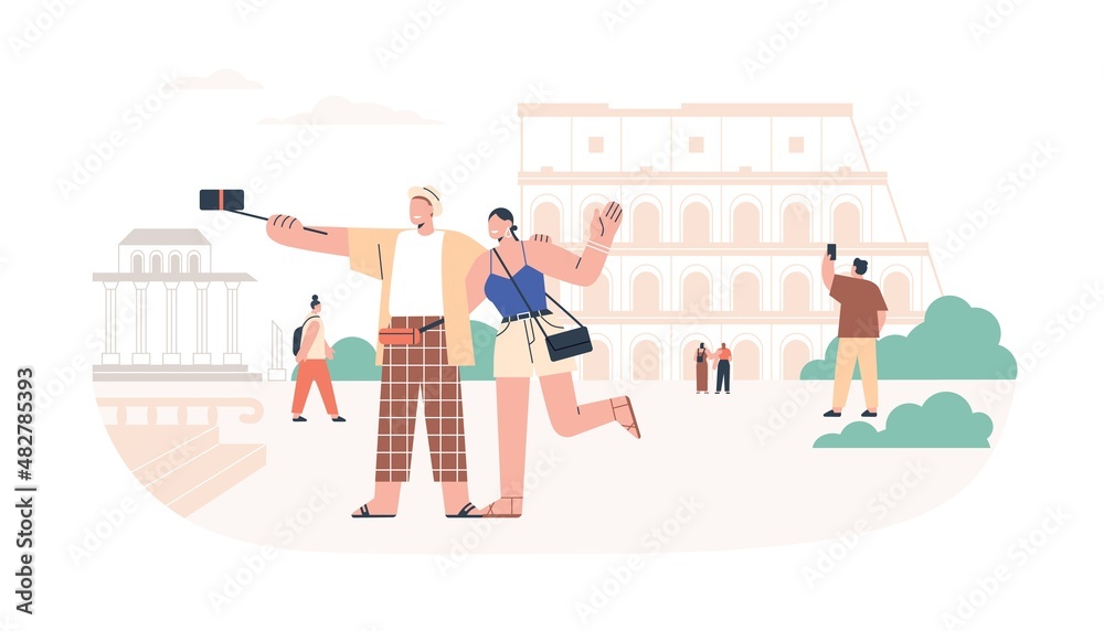 Tourists couple taking selfie photo with landmarks on holiday travel to Rome. Man and woman going sightseeing in summer tour. People in trip. Flat vector illustration isolated on white background
