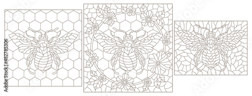 Set of contour illustrations in the style of stained glass with abstract bees, dark outlines on a white background