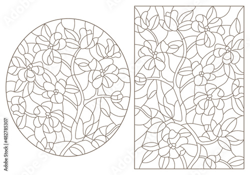 A set of contour illustrations in the style of stained glass with abstract flowers, dark contours on a white background