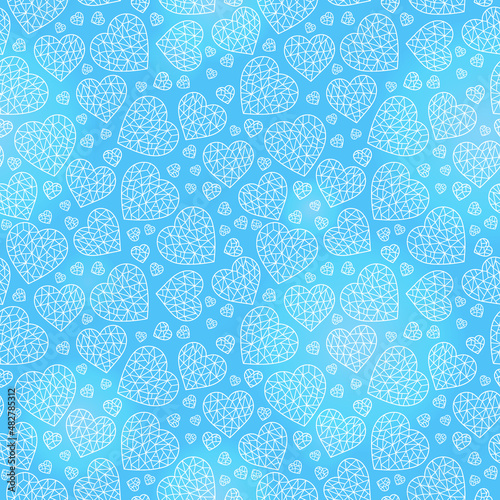 Seamless pattern with abstract cracked hearts, light contoured hearts on a blue background © Zagory