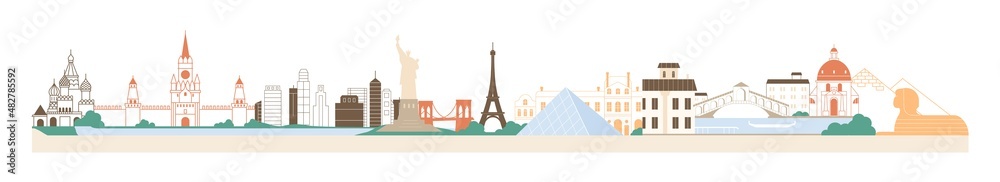 Famous world landmarks panorama. Global cityscape with architecture, buildings of different cities, countries. Travel, trip and tourism. Colored flat vector illustration isolated on white background