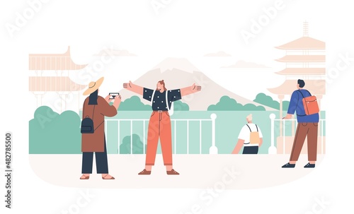 Tourist taking photo in front of landmarks in travel to Japan. Women going sightseeing in Asia journey on holidays. Friends in summer tour. Flat vector illustration isolated on white background