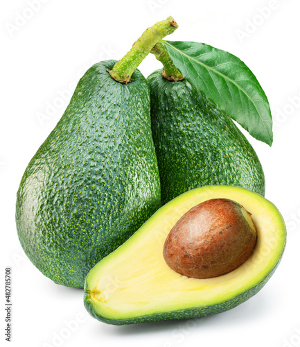 Two large avocados and cross cut of avocado with seed on white background. File contains clipping path. photo