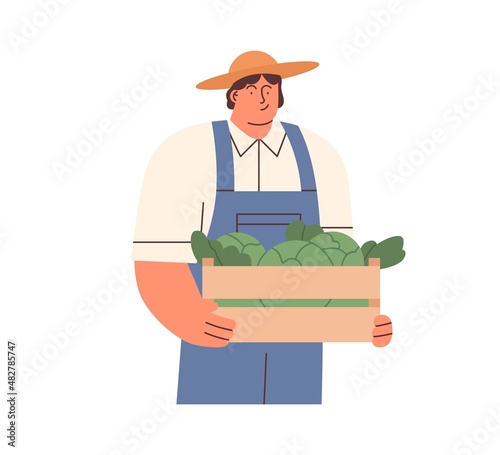 Farmer holding crate of fresh vegetables. Happy farm worker with organic harvest in wood box. Smiling man with cabbage veggie, portrait. Flat vector illustration isolated on white background