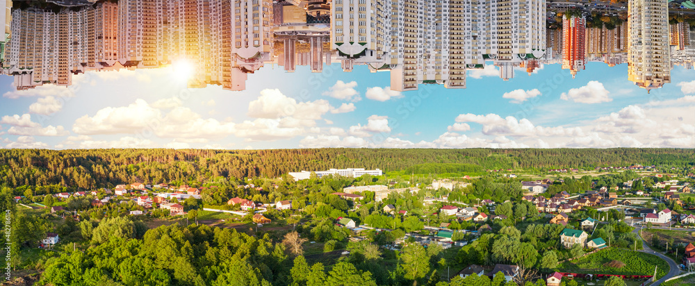 Rural versus urban areas. Beautiful landscape of country village from one side and city laldscape from other. Conceptual picture of increasing in the proportion  of cities.  - obrazy, fototapety, plakaty 