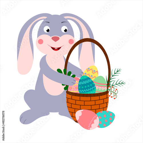 Cartoon character Easter Bunny Rabbit with a basket full of colored Easter eggs. Vector isolated on a white background