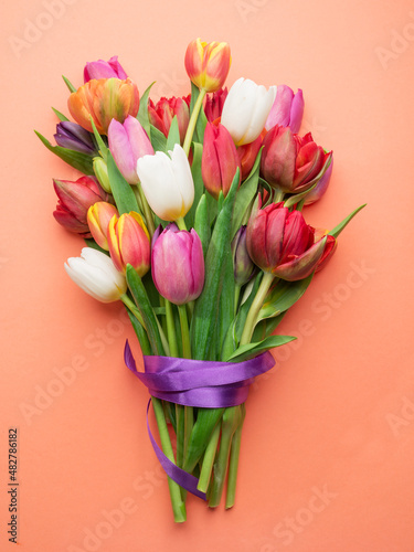Colorful bouquet of tulips on white background. #482786182