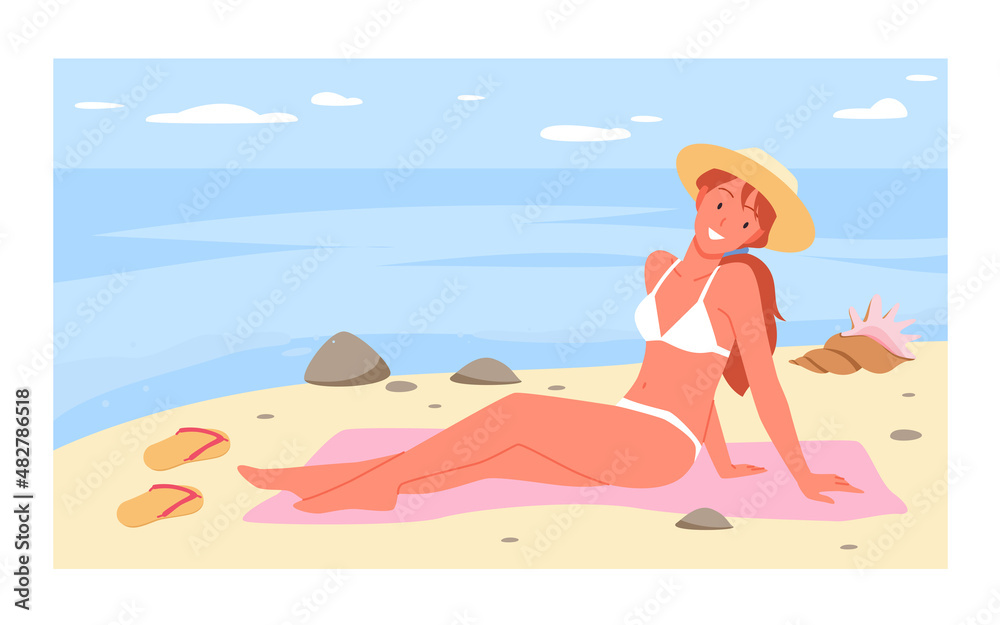 Girl sitting on tropical sea beach and sunbathing summertime vector illustration. Cartoon young adult woman tourist wearing swimsuit and hat, cute happy lady relaxing on summer vacation background