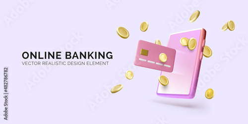 Online banking or payment service banner. Realistic mobile phone with credit card and fly gold coins