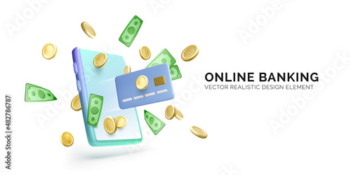 Online banking concept. Internet payments and money transfer. 3d mobile phone with fly gold coins and paper money and credit card