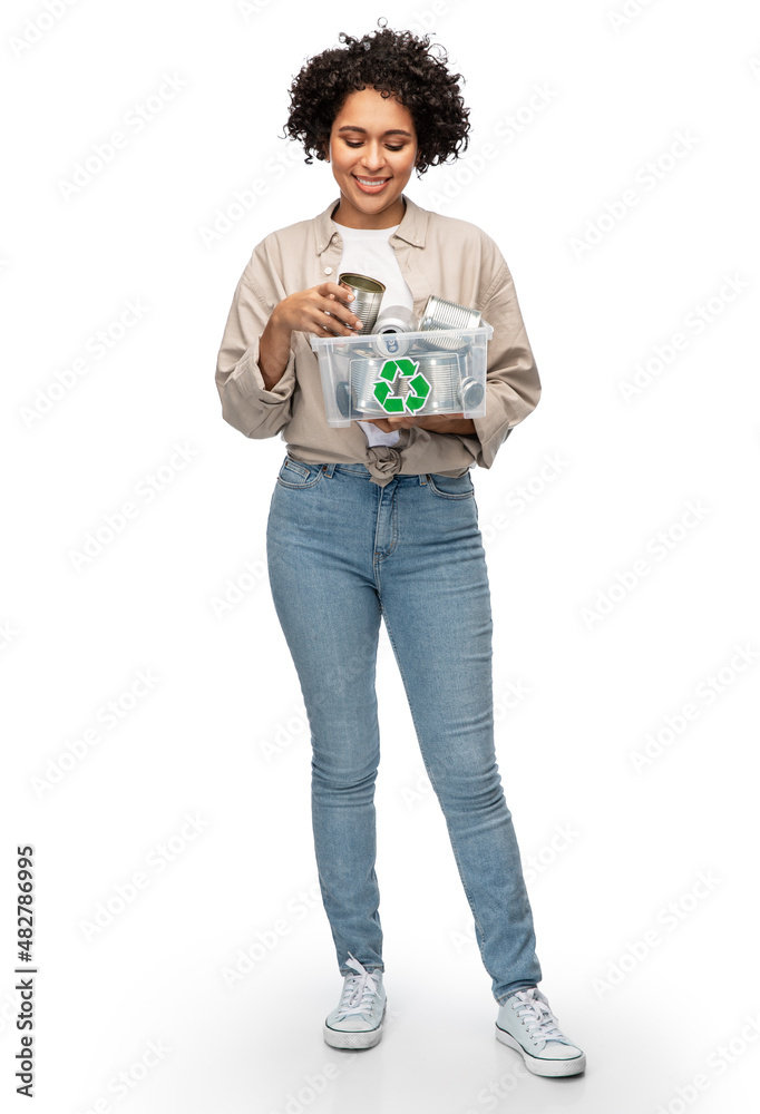metal recycling, waste sorting and sustainability concept - happy woman holding plastic box with tin cans over white background metal recycling, waste sorting and sustainability concept - happy woman holding plastic box with tin cans over white background