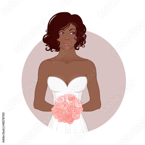 Pretty African American Bride in Her Wedding Dress with bouquet. Vector illus...