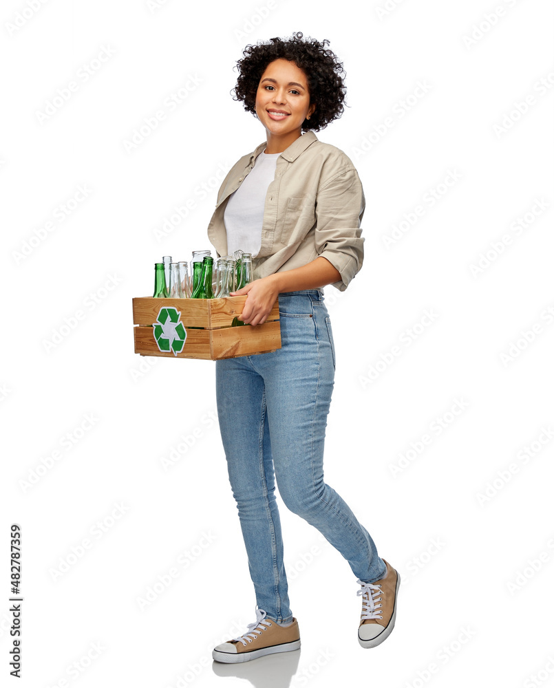 recycling, waste sorting and sustainability concept - happy smiling woman holding wooden box with glass bottles over white background recycling, waste sorting and sustainability concept - happy smiling woman holding wooden box with glass bottles over white background