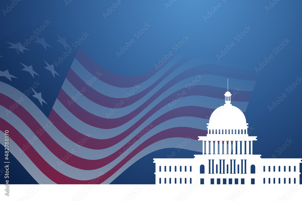 President's Day Background With American Washington building Silhouette, Flag and Copy Space Area, suitable to place on content with that theme