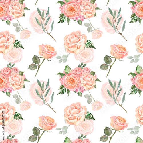 Watercolor beautiful floral seamless pattern. Blush and peach pink flowers and greenery. Hand drawn botanical print on white background. Roses and sage green eucalyptus wallpaper.