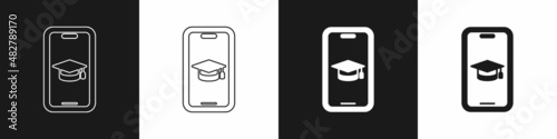 Set Graduation cap on screen smartphone icon isolated on black and white background. Online learning or e-learning concept. Vector