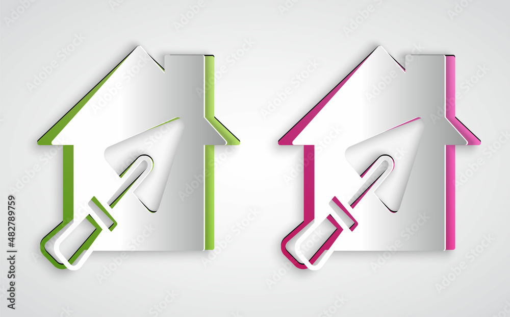Paper cut House or home with trowel icon isolated on grey background. Adjusting, service, setting, maintenance, repair, fixing. Paper art style. Vector Paper cut House or home with trowel icon isolated on grey background. Adjusting, service, setting, maintenance, repair, fixing. Paper art style. Vector