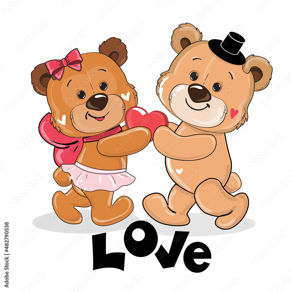 Two teddy bears in love hold a heart. Vector cartoon illustration. Valentine's day card Two teddy bears in love hold a heart. Vector cartoon illustration. Valentine's day card