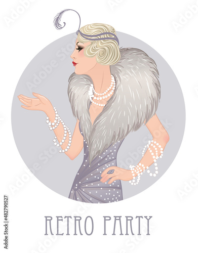Flapper girl: Retro party invitation design template. Vector illustration.
