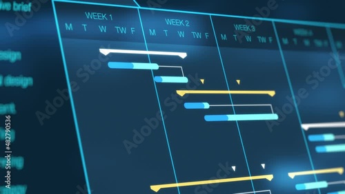 close-up view, project management software, futuristic interface animation, gantt chart, concept of project planning, flashing lights on backgrounds (3d render)