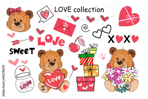 Valentine's day collection with teddy bear and love elements. Vector cartoon illustration