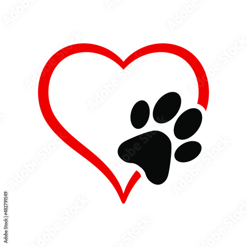 Animal love symbol paw print with heart, isolated vector