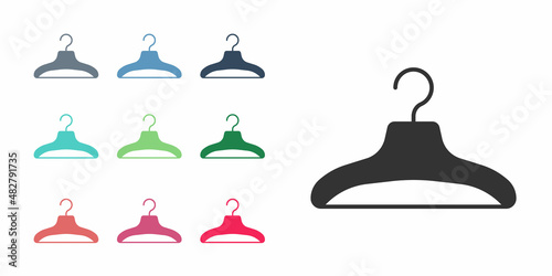 Black Hanger wardrobe icon isolated on white background. Cloakroom icon. Clothes service symbol. Laundry hanger sign. Set icons colorful. Vector