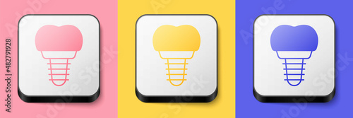 Isometric Dental implant icon isolated on pink, yellow and blue background. Square button. Vector