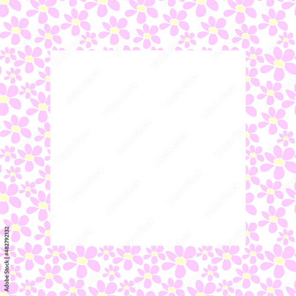 Vector frame, border with small flowers in flat style. Cute simple primitive summer background, decoration